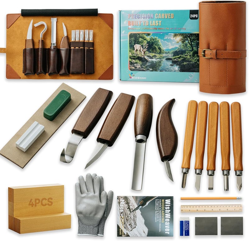 WishWeaver Wood Carving Kit, 24Pcs Wood Carving Tools Set with Leather Storage Bag, Wood Carving Set 4 Wood Carving Knives 5 Chisels 9 Blocks, Whittling Kit for Beginners Enthusiasts Adults Kids Gift DIY - Image 1